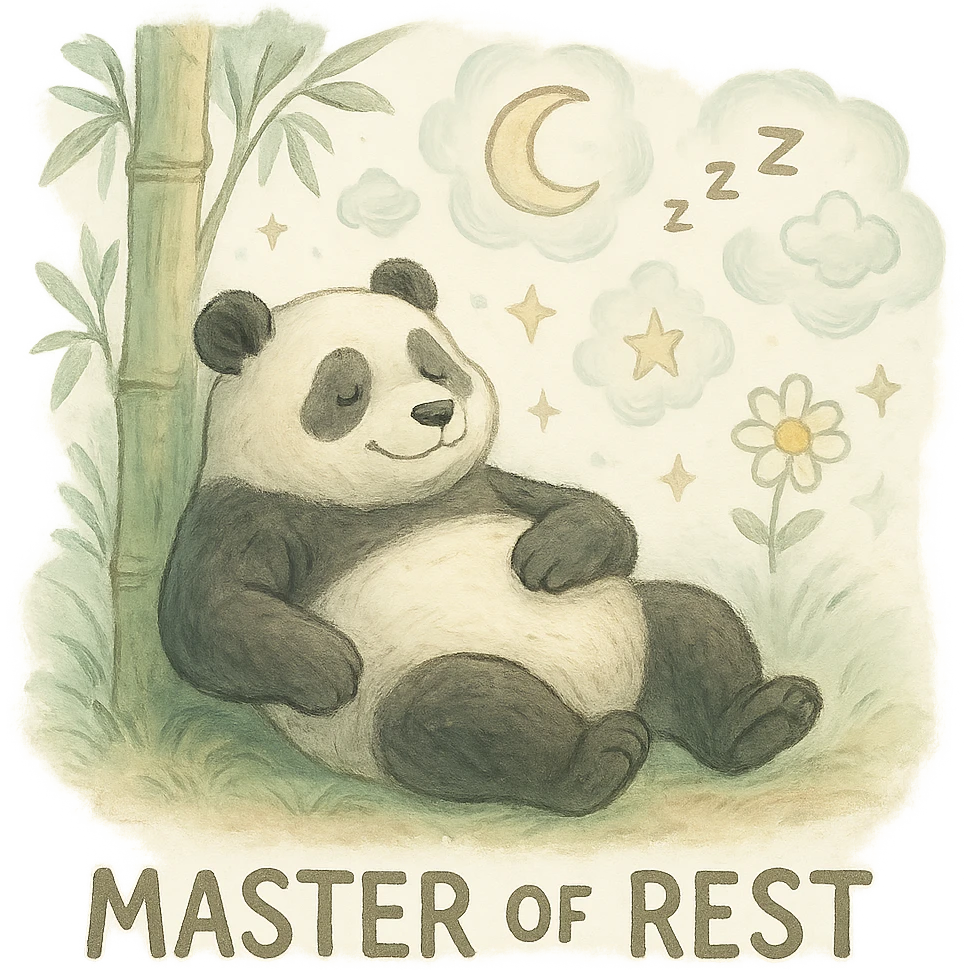 relaxed panda reclining against a bamboo tree, surrounded by floating dreamlike symbols, embodying the title 'Master of Rest', in a soft, tranquil style emoji