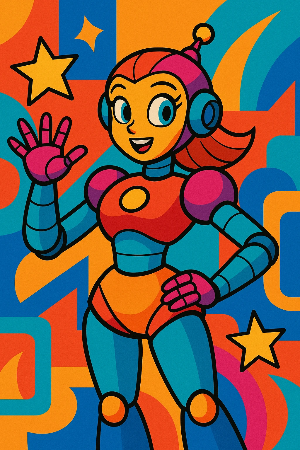 female robot, vibrant toon style, colorful, lively, detailed character illustration emoji
