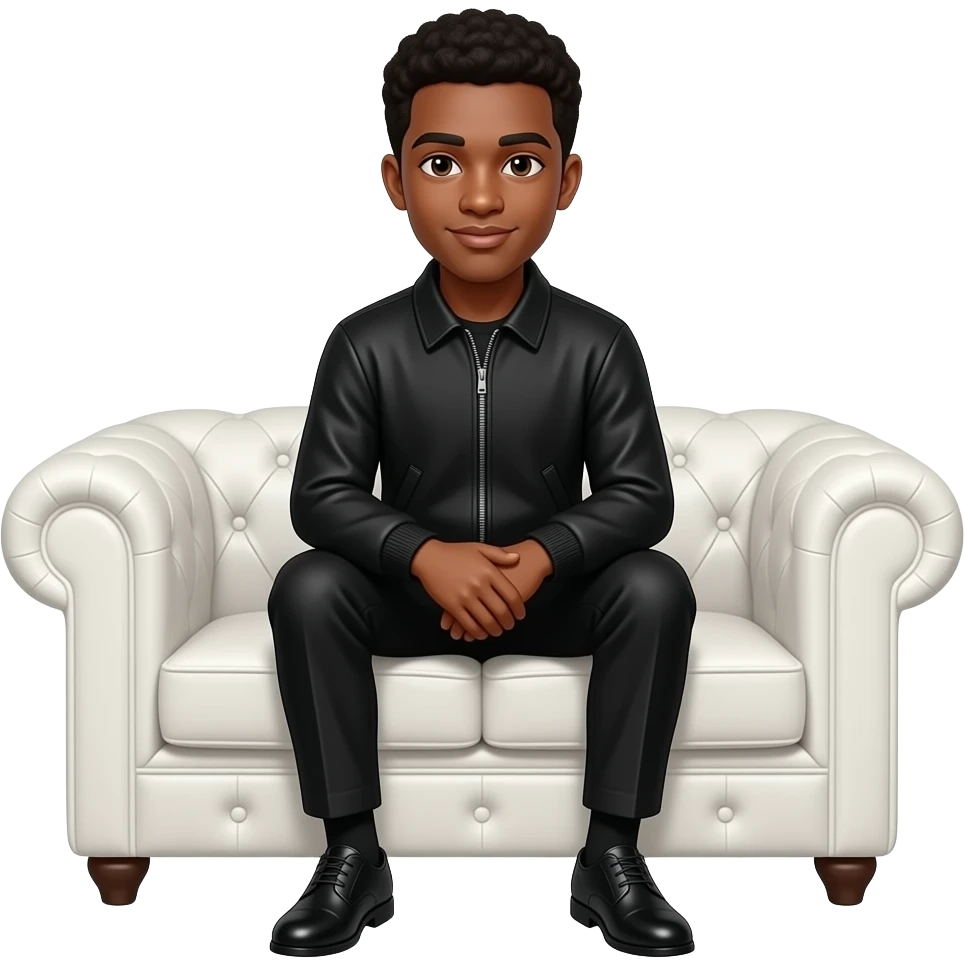 make a black skinned 20 year old man in a brown low taper fade wearing a black quarter zip with super nice black dress pants and black dress shoes and black socks on a rich white couch emoji