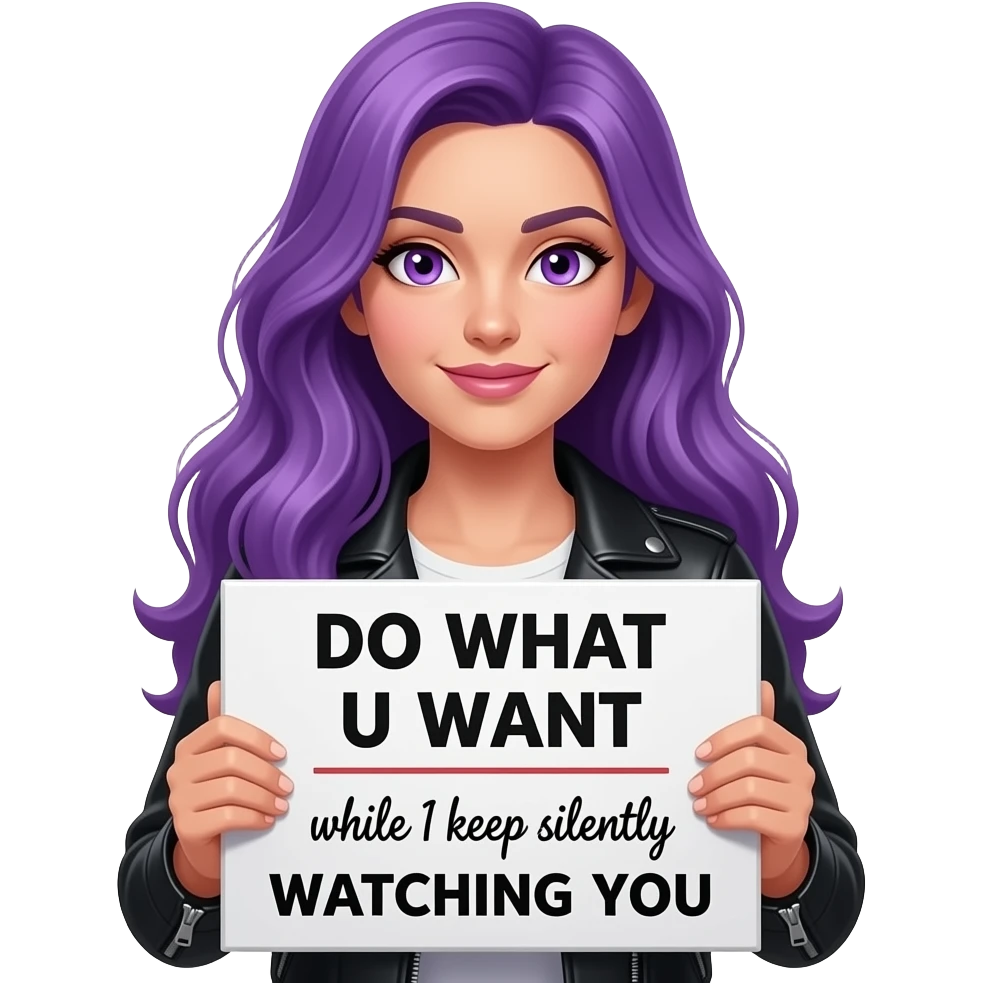 sexy girl with long purple hair and purple eyes holding a DO WHAT U WANT while I keep silently WATCHING YOU sign emoji