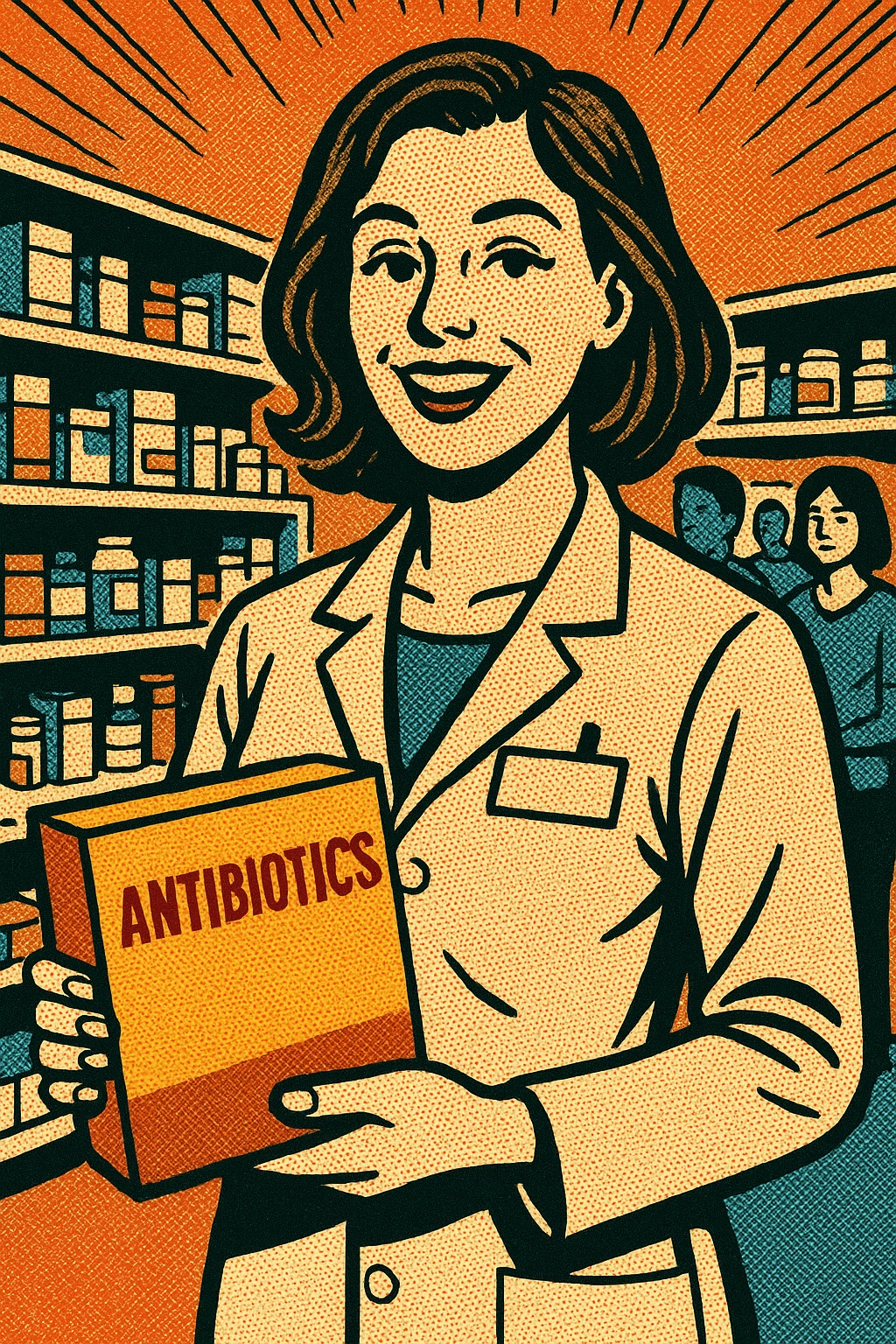 the full body of a A friendly modern day female pharmacist holding a large box of antibiotics in her hand. In the background are shelves of other medications in the pharmacy with patients waiting to be served emoji