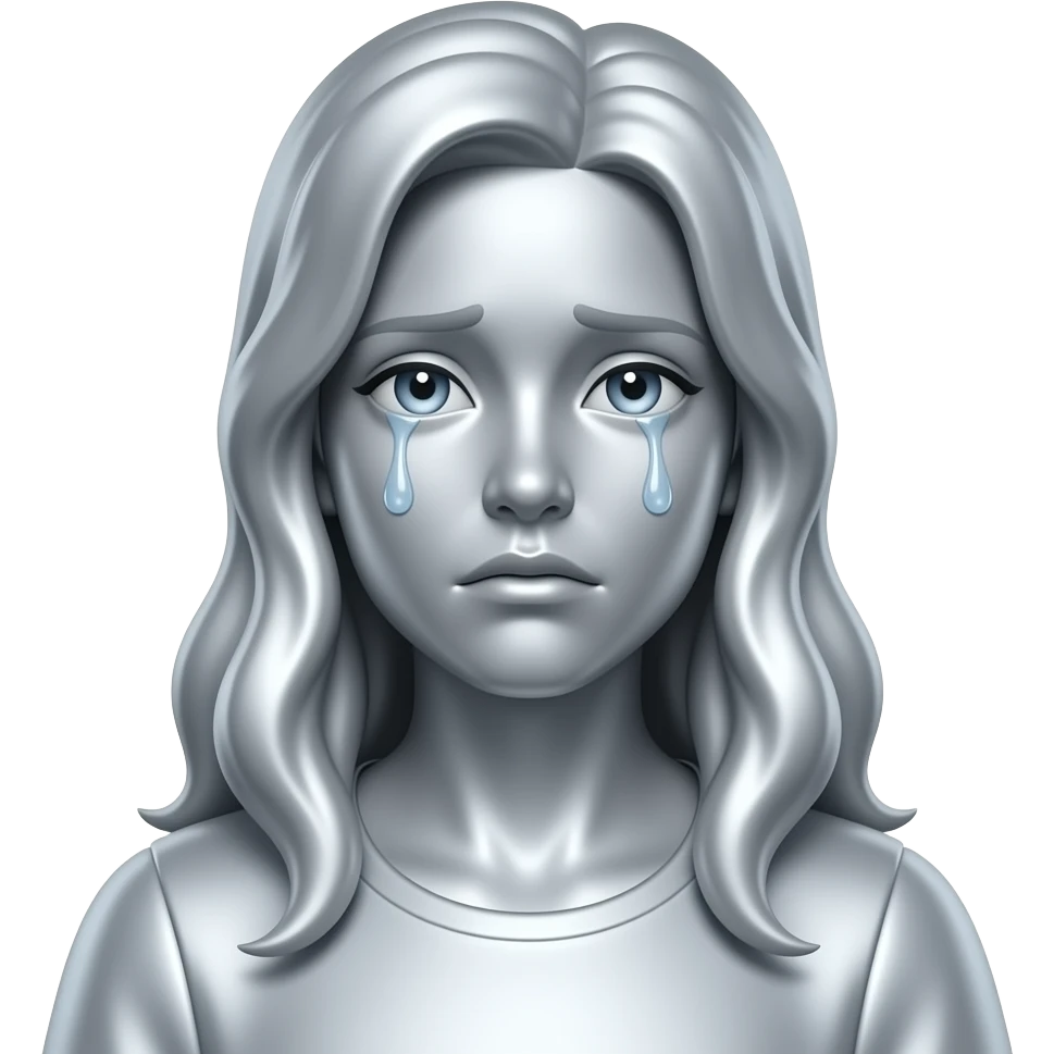 Create an emoji of a seated female figure in metallic silver. The woman is making a sad face expression with tears. The background is white. The final result must have maximum resolution, high contrast, and extreme sharpness. Illustration style: Vintage – Art Deco – 2D emoji