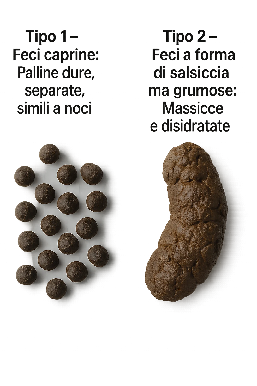 immagine di due tipi di feci iperrealistiche viste dall'alto con descrizione:
Tipo 1 – Feci caprine
Palline dure, separate, simili a noci

Tipo 2 – Feci a forma di salsiccia ma grumose
Massicce e disidratate.
 emoji