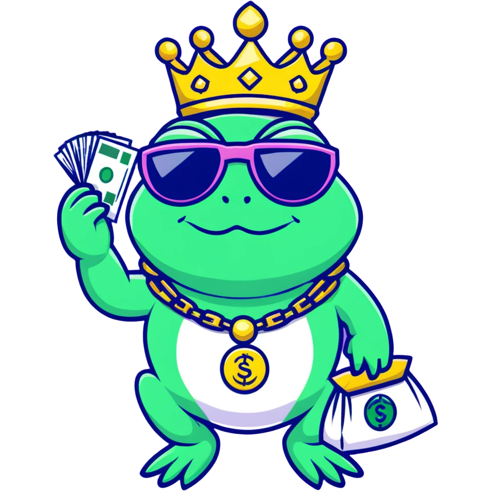 gangster frog king with gold crown, cool sunglasses, gold chain, money bag emoji