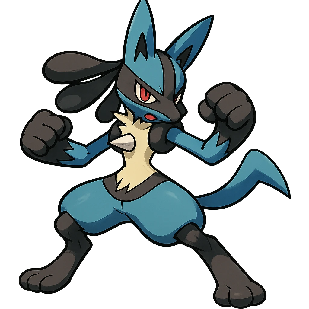 Lucario, blue and black Pokémon, ready to fight, stylized, energetic emoji