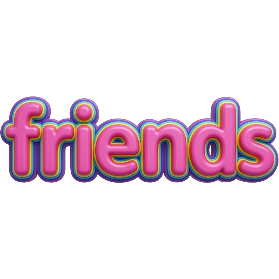 name "friends" in fuchsia pink, 3D style typography lettering, each color of the rainbow as a border outlined around each letter, isolated, 3d rendering, no emoji icons no emoji faces and must have no human figures emoji