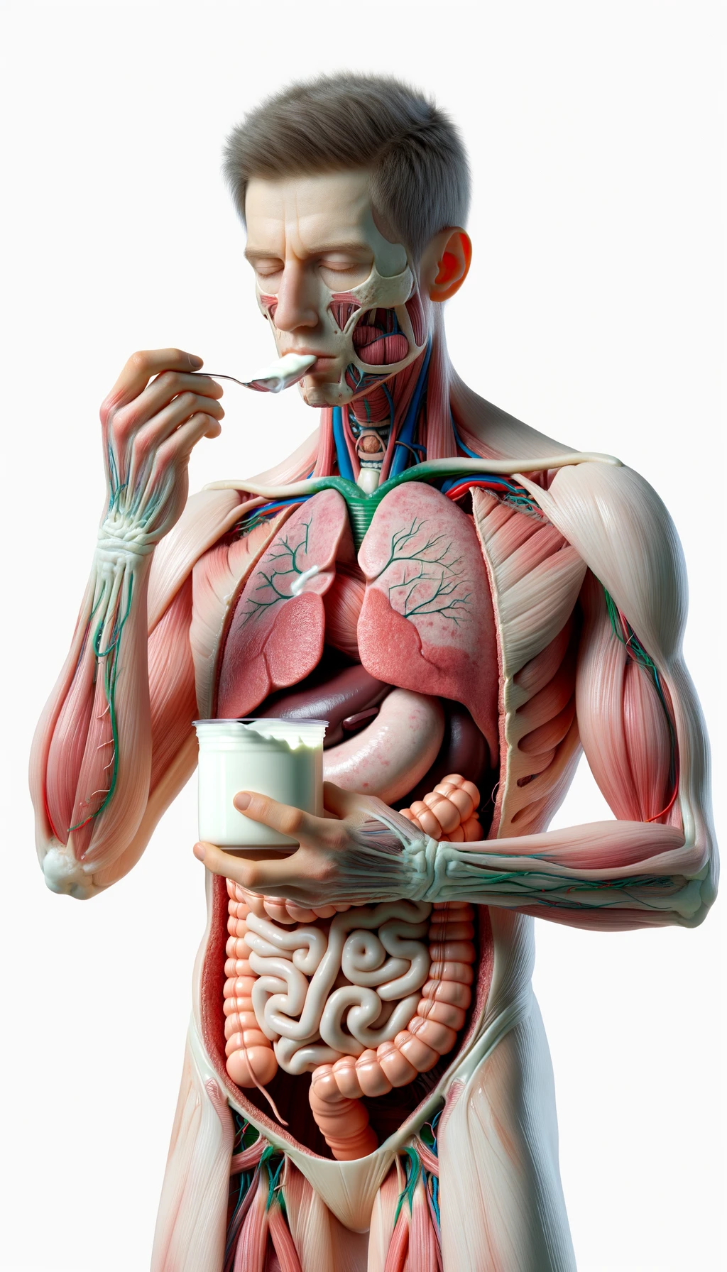 corpo umano anatomico con intestino in evidenza mentre mangia uno yogurt con espressione neutra in volto, iperrealistico 4k, isolato su sfondo bianco emoji