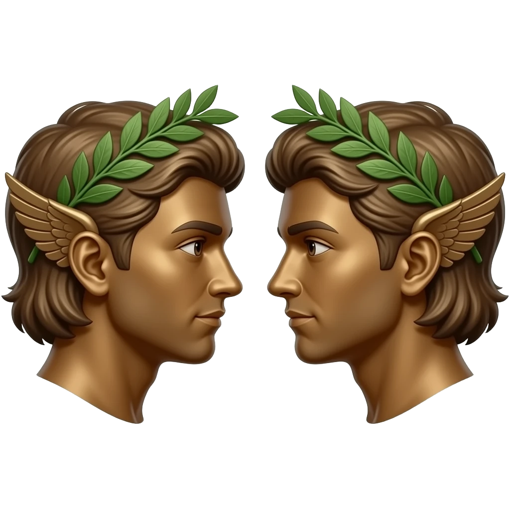 twins, two bronze faces in profile in a parallel composition, they have small wings instead of ears and a laurel wreath around their heads emoji