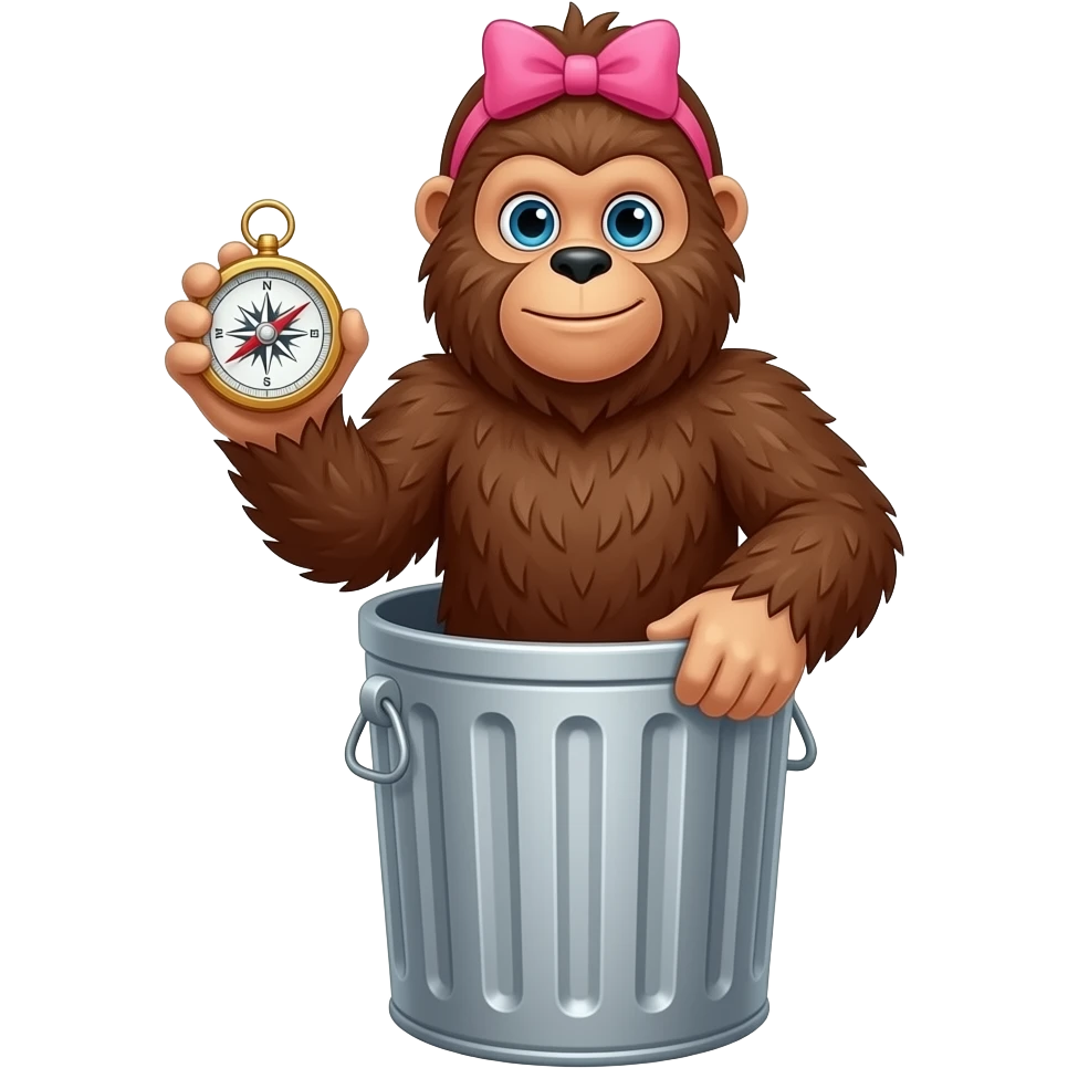 Full body sasquatch with pink bow in hair holding a compass standing in trashcan emoji