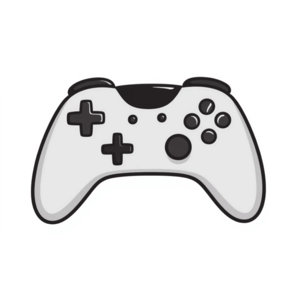 A modern gamepad controller with dual analog sticks and multiple buttons in pastel colors (dd9fb0, ffc6d3, a3bfc9, c4bee2, f1b091), hand-drawn doodle style emoji