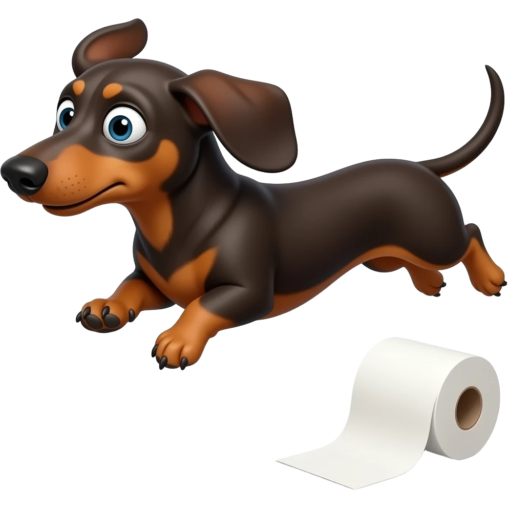 whimsical dachshund wide eyes full body chasing toilet paper emoji