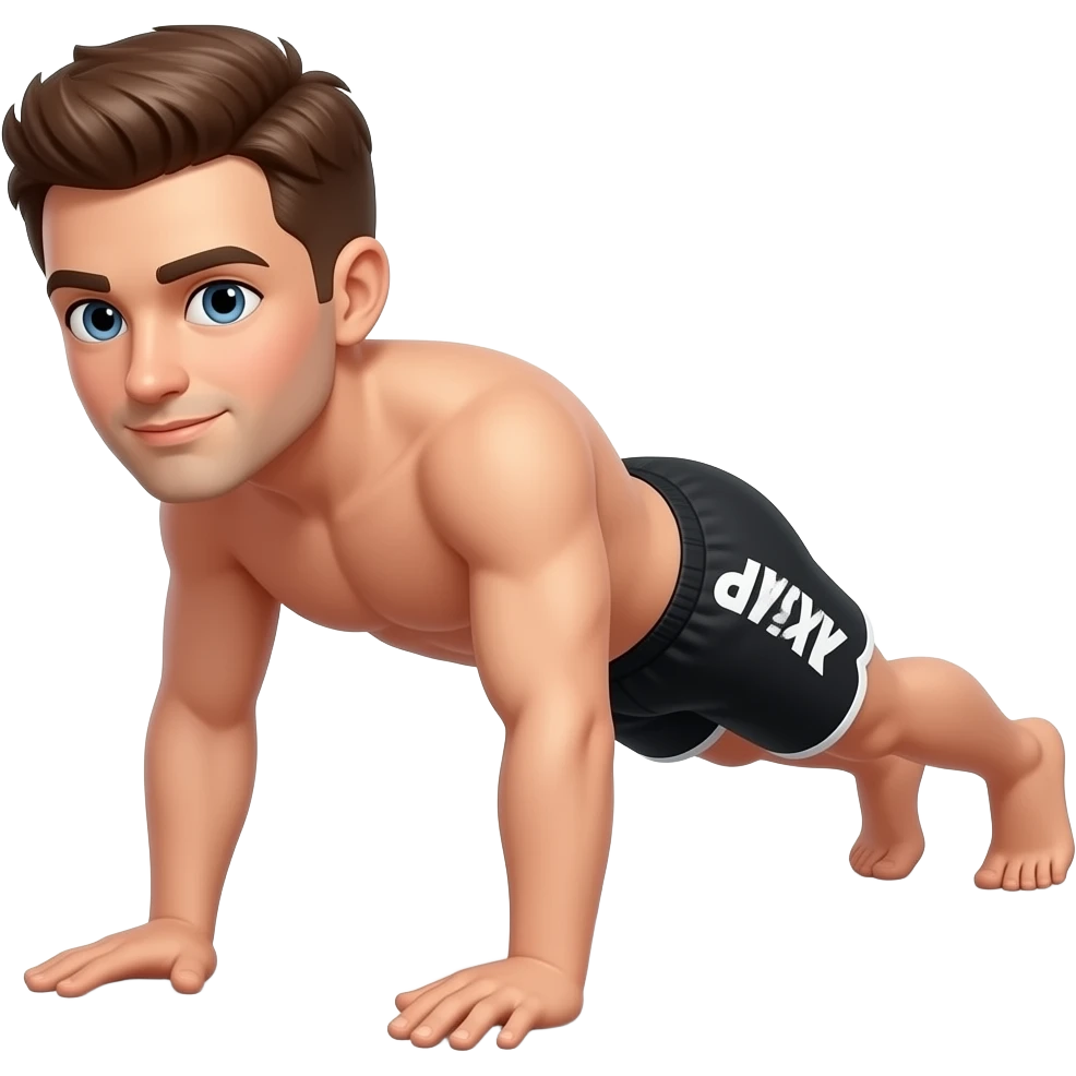 guy with brown hair with white white and black shorts that say "UPP" in white on the side in low low plank position not high plank push up position make sure his  (forearms / elbows touching the ground), arms not straight. emoji