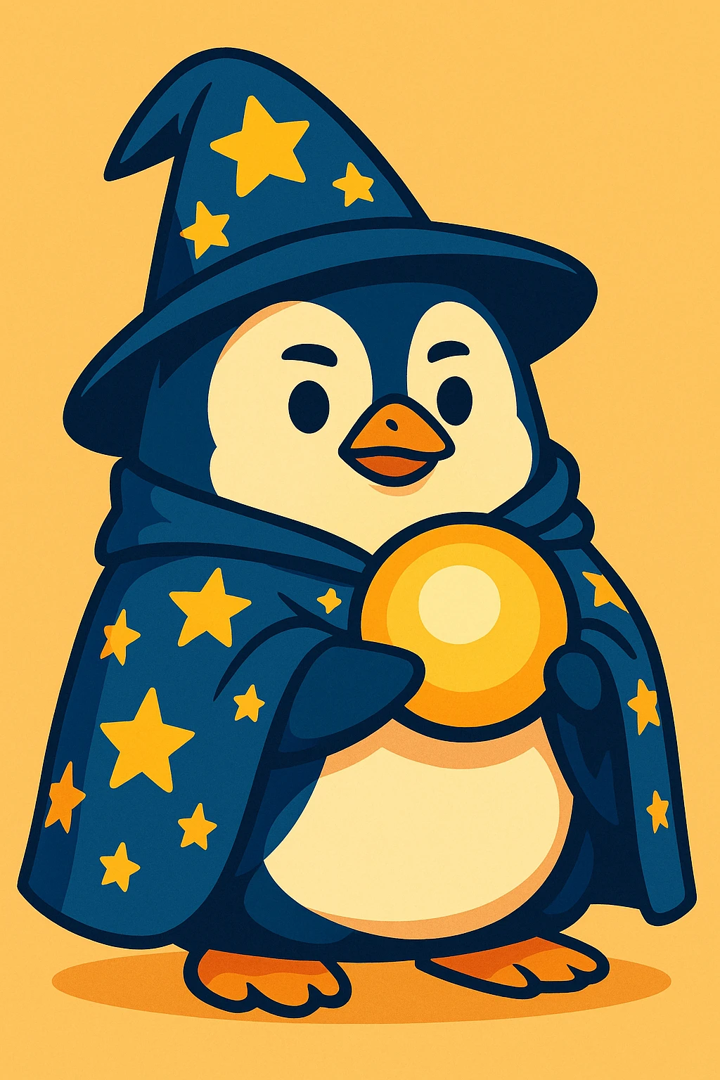 a chubby penguin in wizard attire, with a starry cloak and a glowing orb, looking wise and mystical emoji