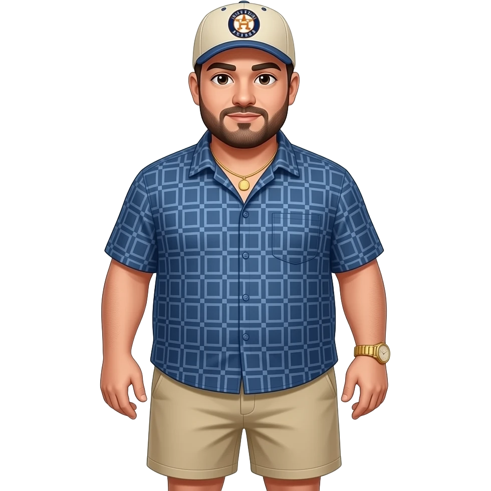Chubby man with beige skin tone with lightly shaved black beard wearing a blue button down short sleeve shirt with matching shorts with square pattern designs wearing a beige Huston Astros logo baseball cap wearing a gold tennis necklace and a gold wrist watch emoji