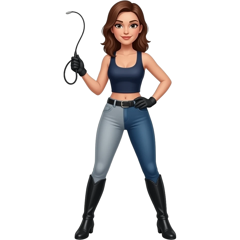 woman in two tone jodhpurs, with a whip in one hand, and her other hand on her hip, standing with her legs apart emoji