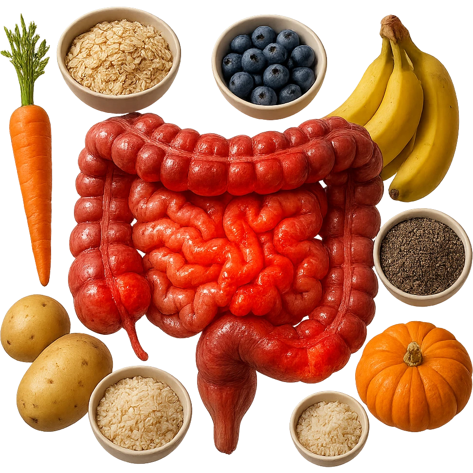 intestino umano anatomico infiammato con carota, bowl di avena, mirtilli, bowl di semi di chia, patate, banane, zucca, bowl di riso che gli fluttuano intorno , iperrealistico 4k emoji