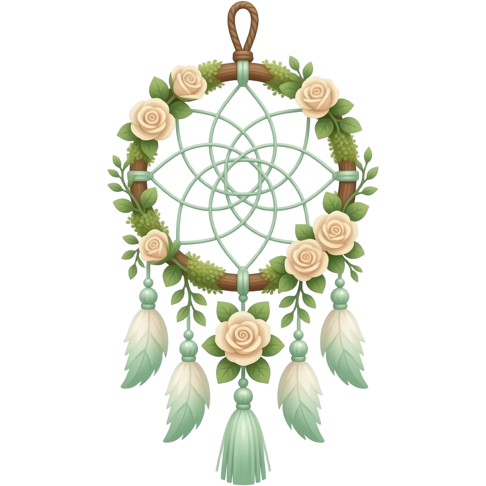 Hippie-like Cute dainty neat Pastel Green-white-brownish-beige-gradients thread-rope-hanging dreamcatcher, pastel colors, whitish, light, green academia aesthetic, mossy, with green vines and beige roses, Cottagecore, Princesscore, shiny glistening, vintage, tassels emoji