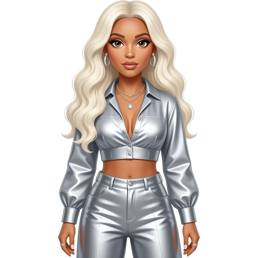 Beyonce with hazel eyes, long white-blonde hair, silver metallic blouse crop top, silver metallic wide leg pants, necklace and earrings emoji