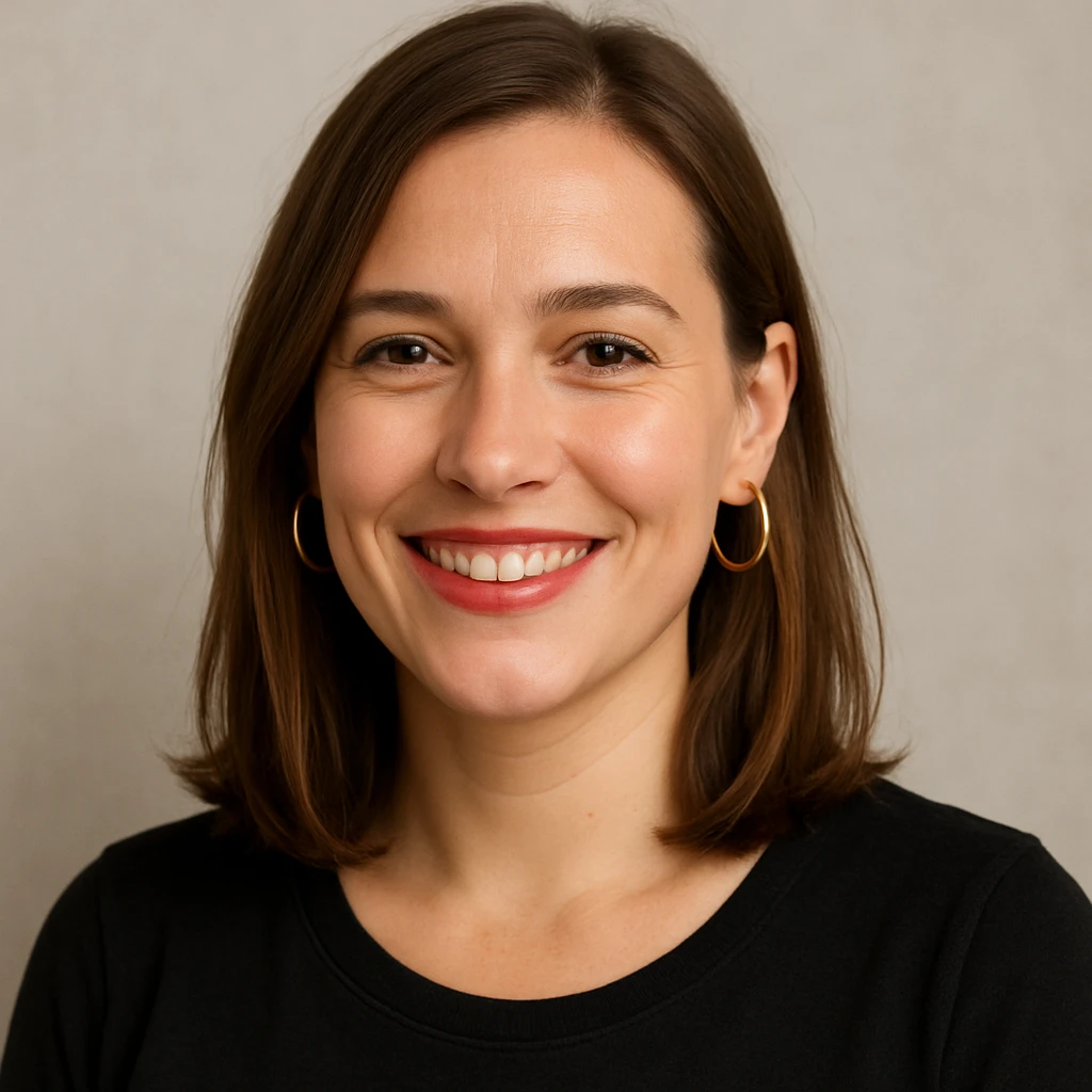 30 year old white woman with shoulder-length hair and brown eyes, left side of her hair tucked behind her ear, lipstick and hoop earrings, smiling, upper body portrait emoji