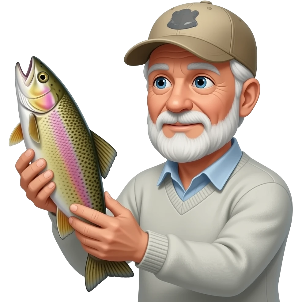 an old guy with a baseball hait and grey sweater holding onto a rainbow trout thatys getting away emoji