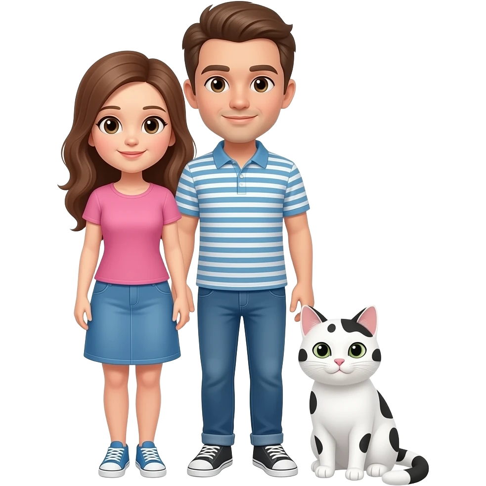 Faz um casal e um gato branco com pintinhas pretas emoji