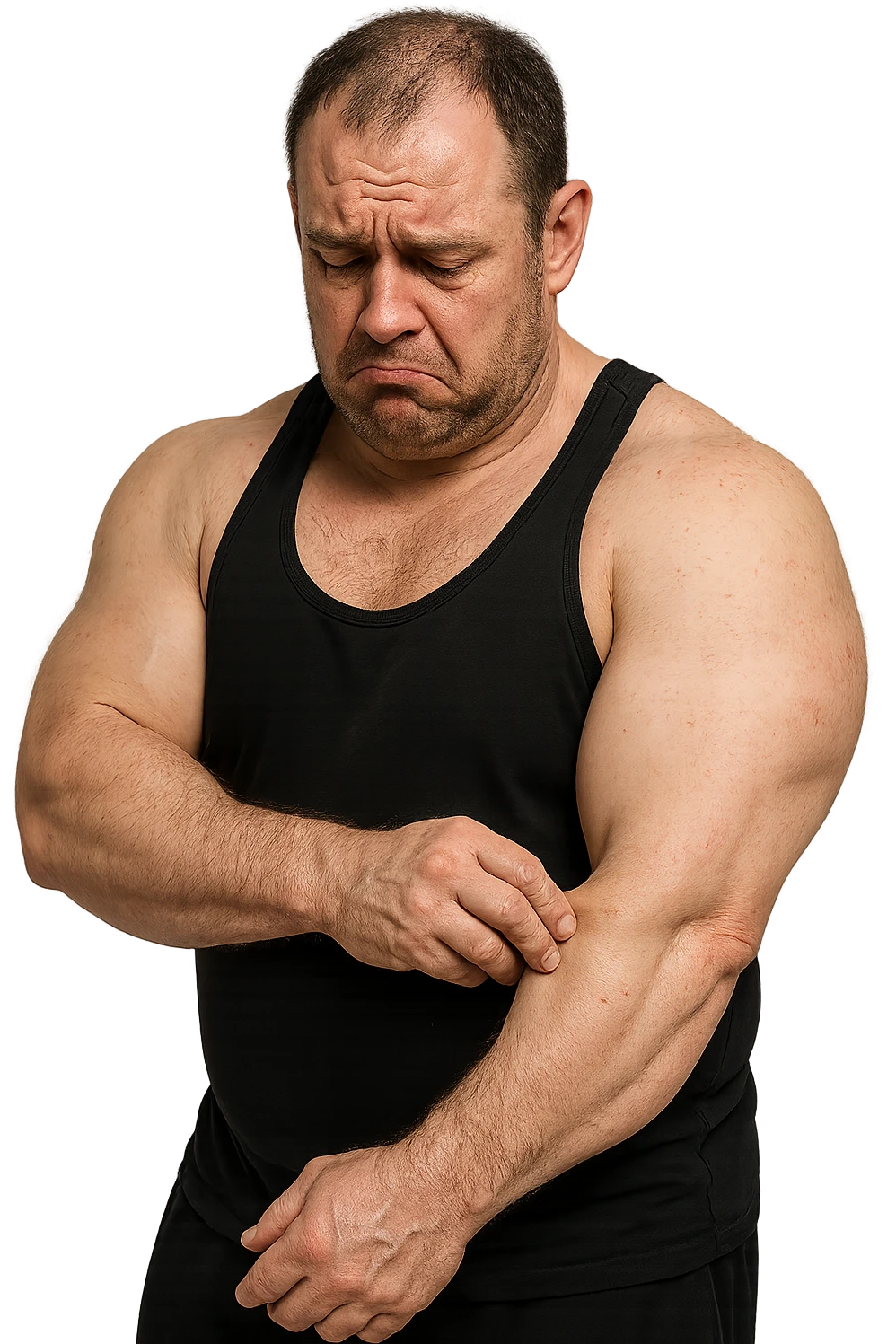 bodybuilder che si tocca il braccio moscio e senza muscolo con espressione triste in volto, iperrealistico 4k emoji