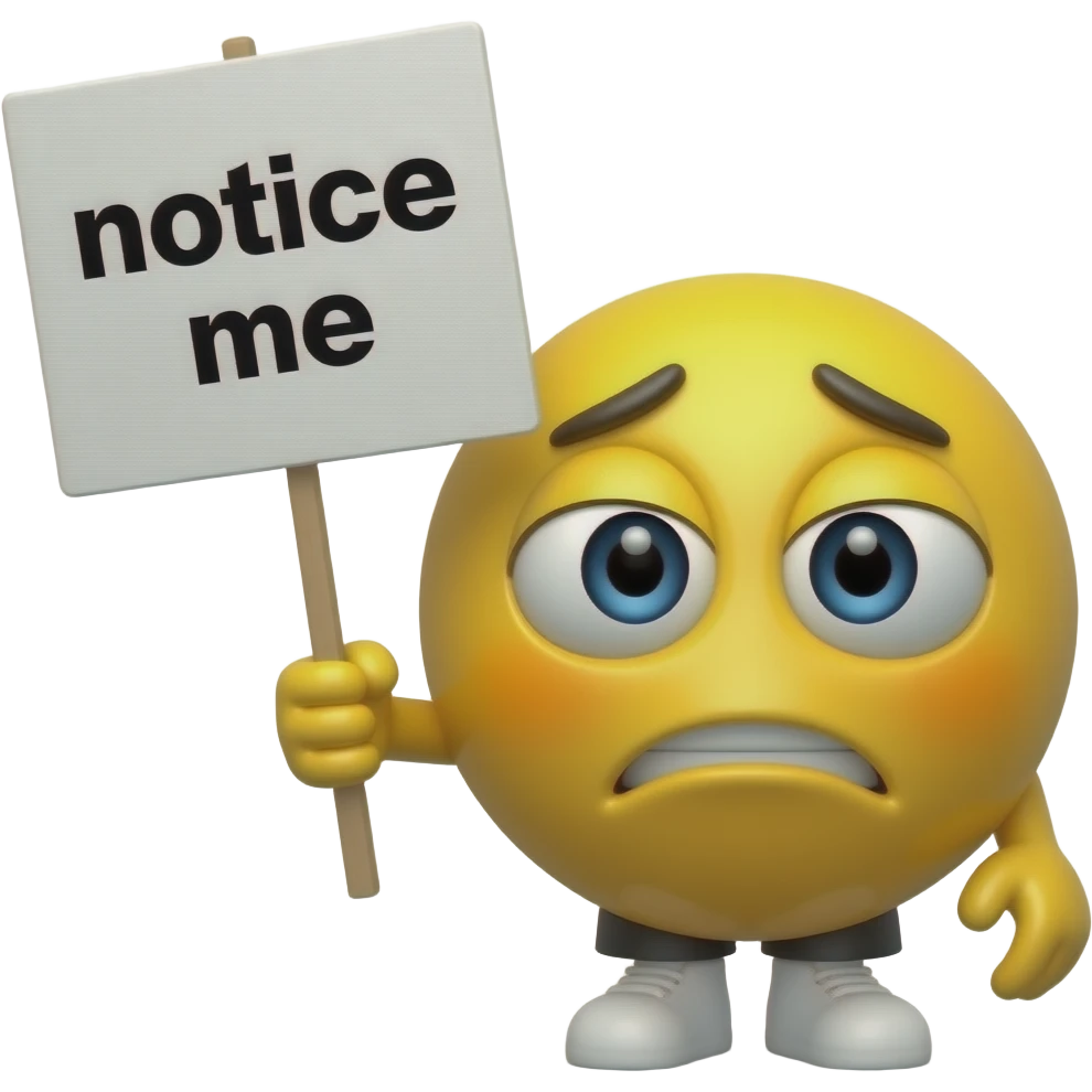 Yellow smiley impatient to you holding up a sign sign that says "notice me"" emoji