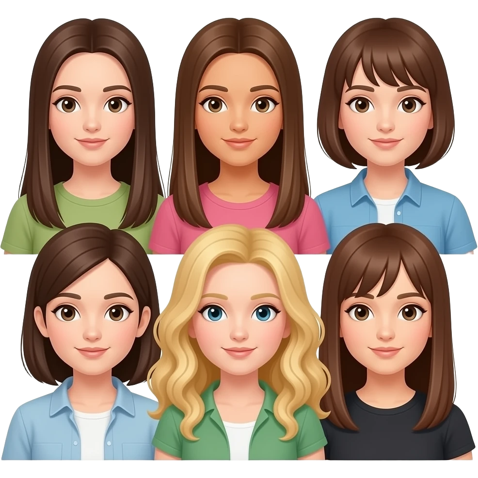 Grupo de 6 amigas; una morena liso largo, una castaña liso largo, una morena liso corto por la oreja, una rubia rizado largo y otra castaña liso largo emoji