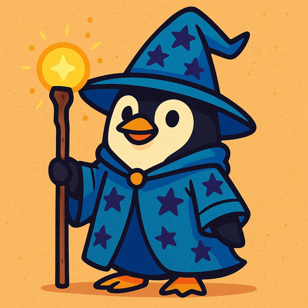 a penguin dressed as a wizard, with a pointy hat and a magic staff, in a fun and whimsical style emoji