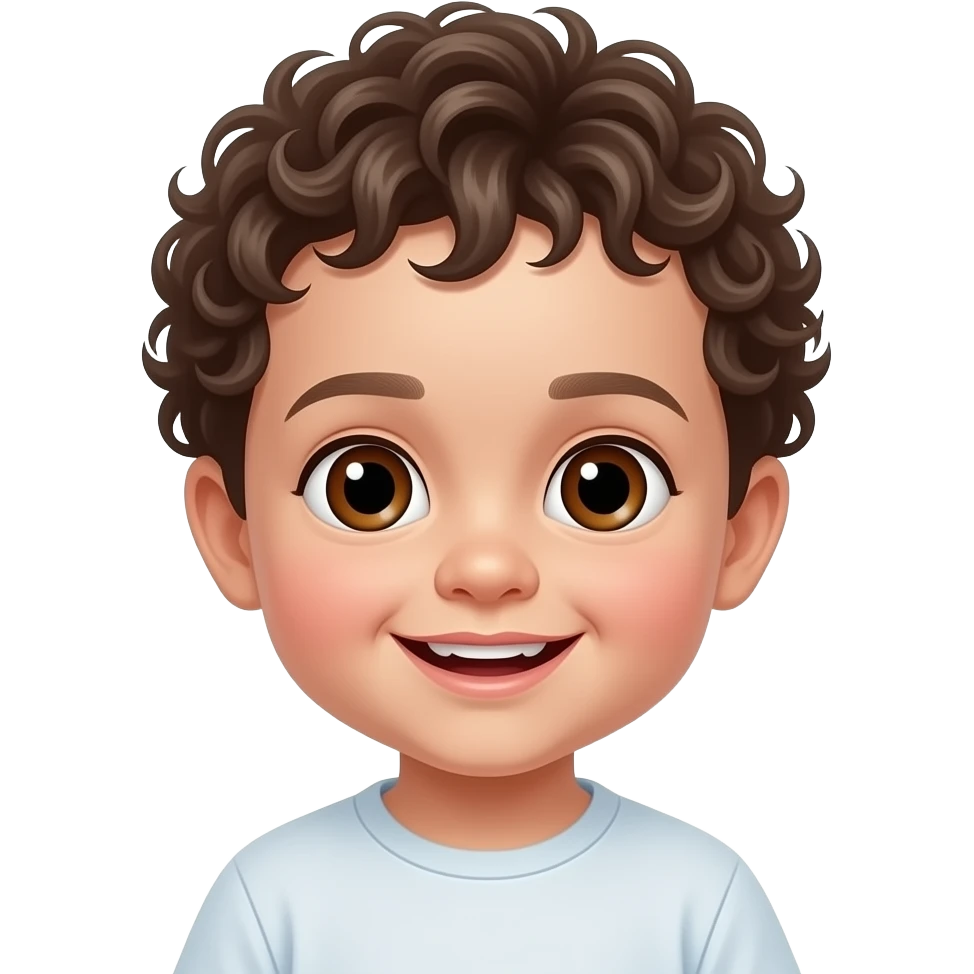 White 1 year old baby boy with curly hair with brown eyes with two teeth vs emoji