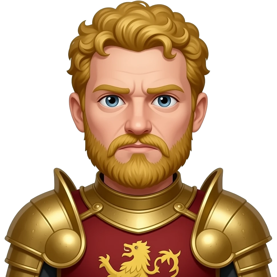 A weary white mean with short curly golden hair with flecks of grey and a shaggy yellow beard. He has hollowed out eyes and is very cynical. He is in his mid thirties. He is wearing the gold and crimson coloured Lannister armour. emoji