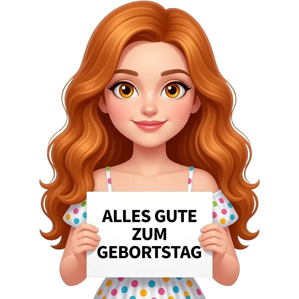 sexy girl with long wavy ginger hair and ginger eyes wearing a birthday dress is holding a white colored sign with ALLES GUTE ZUM GEBURTSTAG written on it emoji