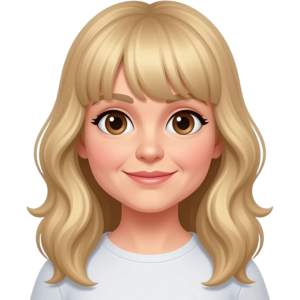 Middle age Lady, round face, wavy long length golden blond hair with bangs, big brown eyes ,medium built emoji