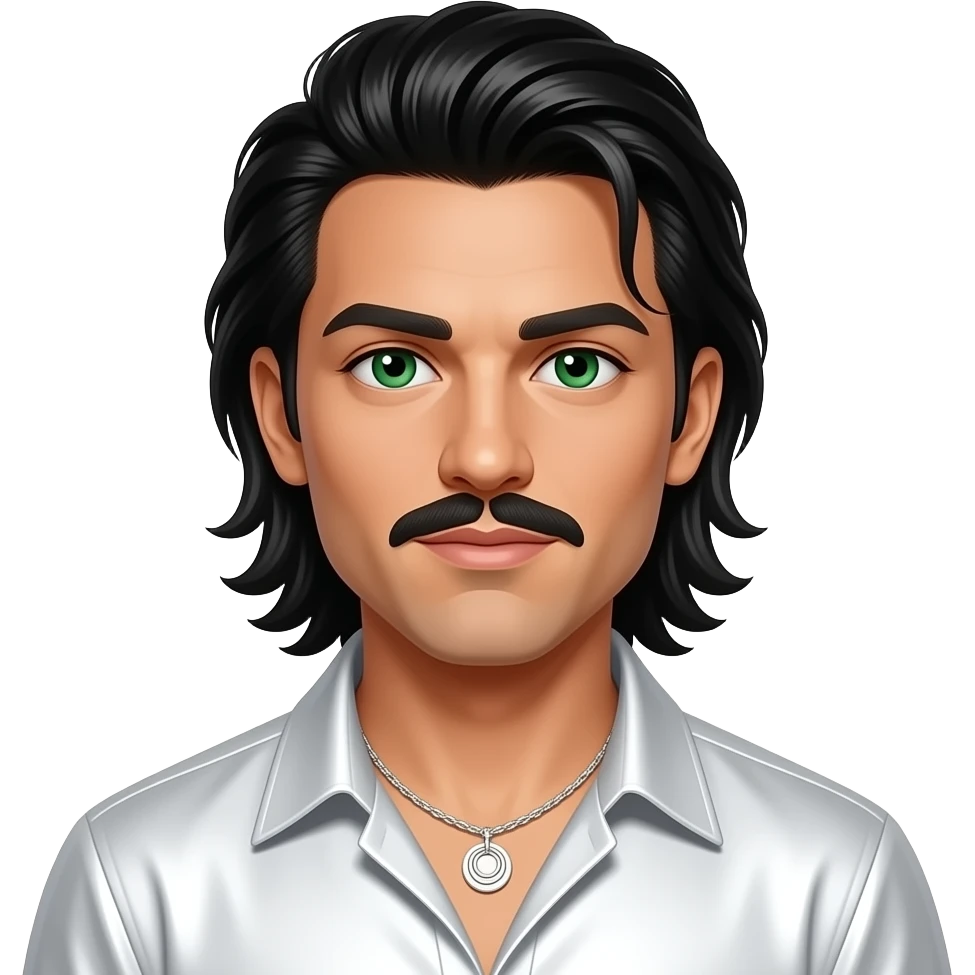Kevin Richardson from Backstreet Boys with green eyes, long black 90s slick back hair and mustache, white metallic shirt, white necklace emoji
