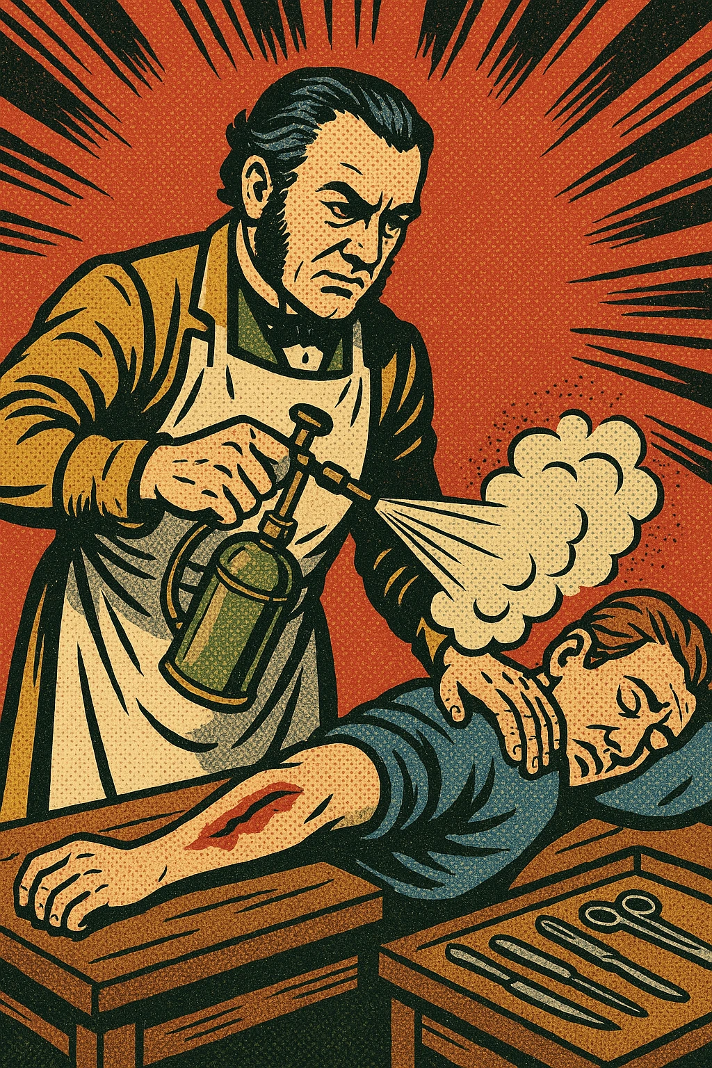 A victorian surgeon like Joseph Lister using a carbolic acid spray during an operation on a patient's arm. The patient is on a wooden operating table. There are surgical tools on a bench to the side. emoji