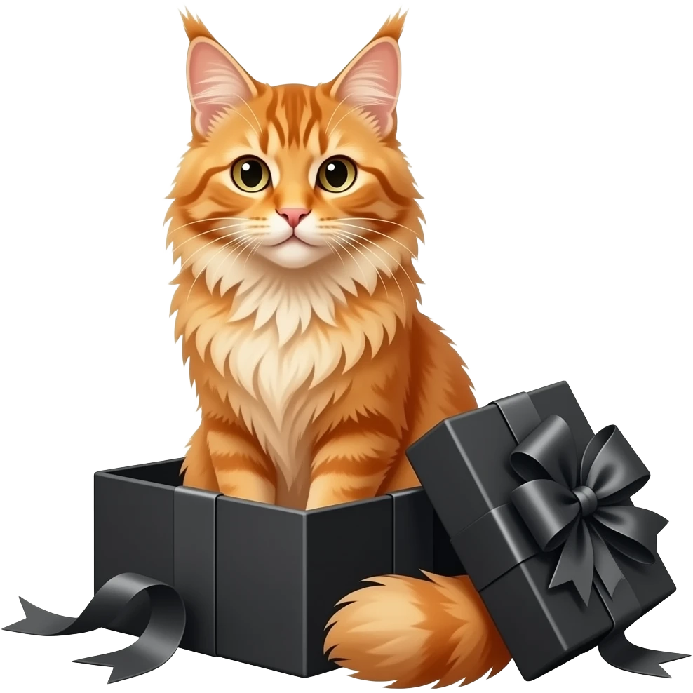 orange maine cat sitting elegantly in a black gift box emoji
