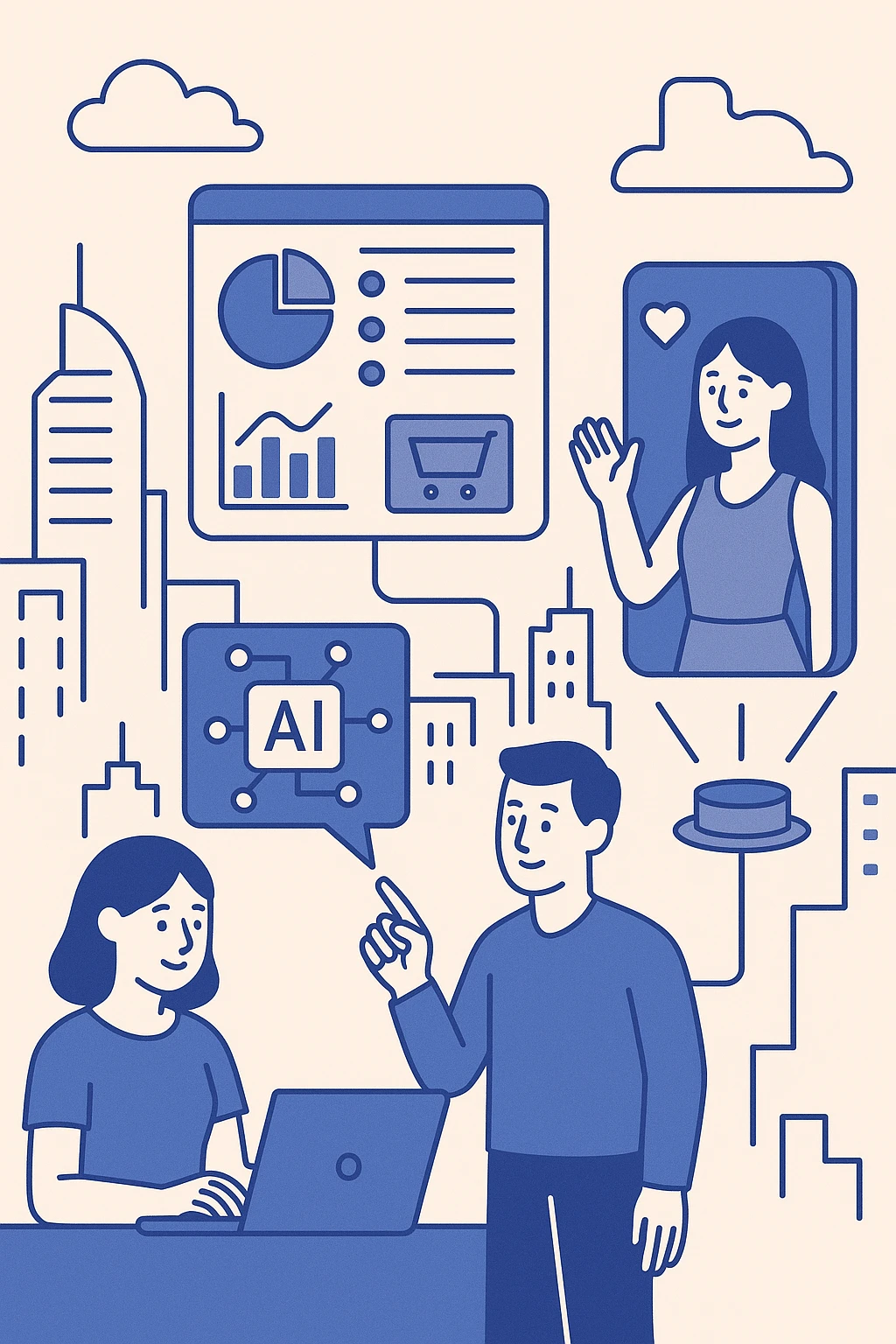 futuristic marketing illustration featuring AI-powered analytics, holographic ads, and digital influencers in a vibrant, high-tech cityscape, modern vector style emoji