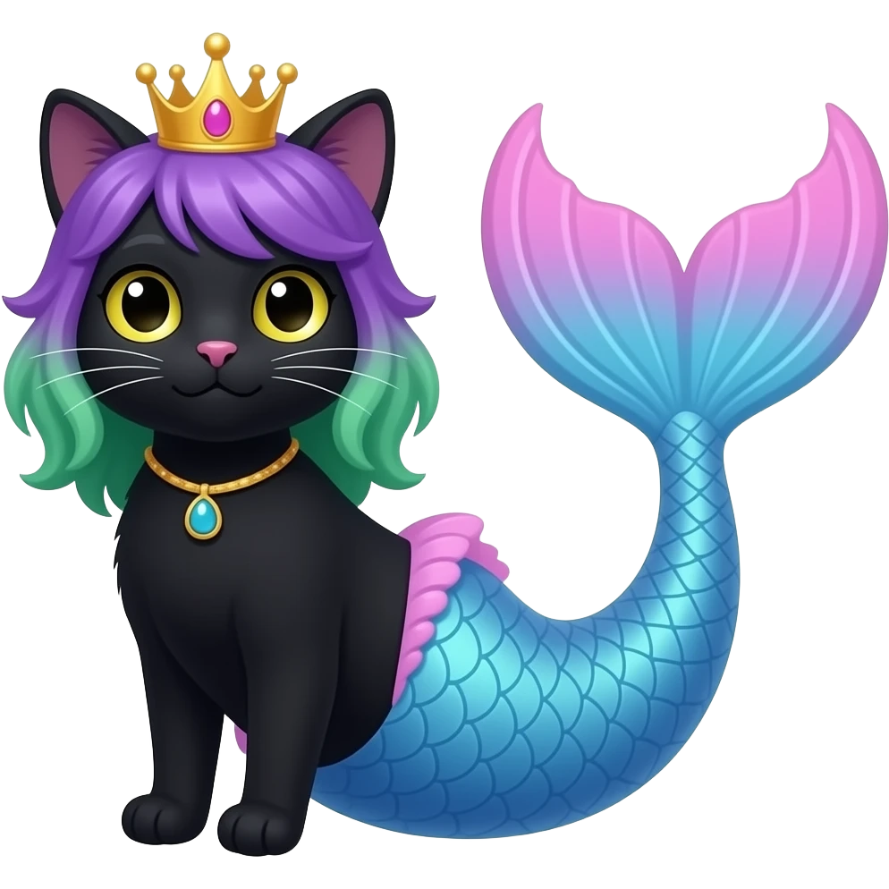 A black cat purple and green hair wearing a crown with very long #B8FFFF mermaid tail with pink fins  in cartoon style emoji