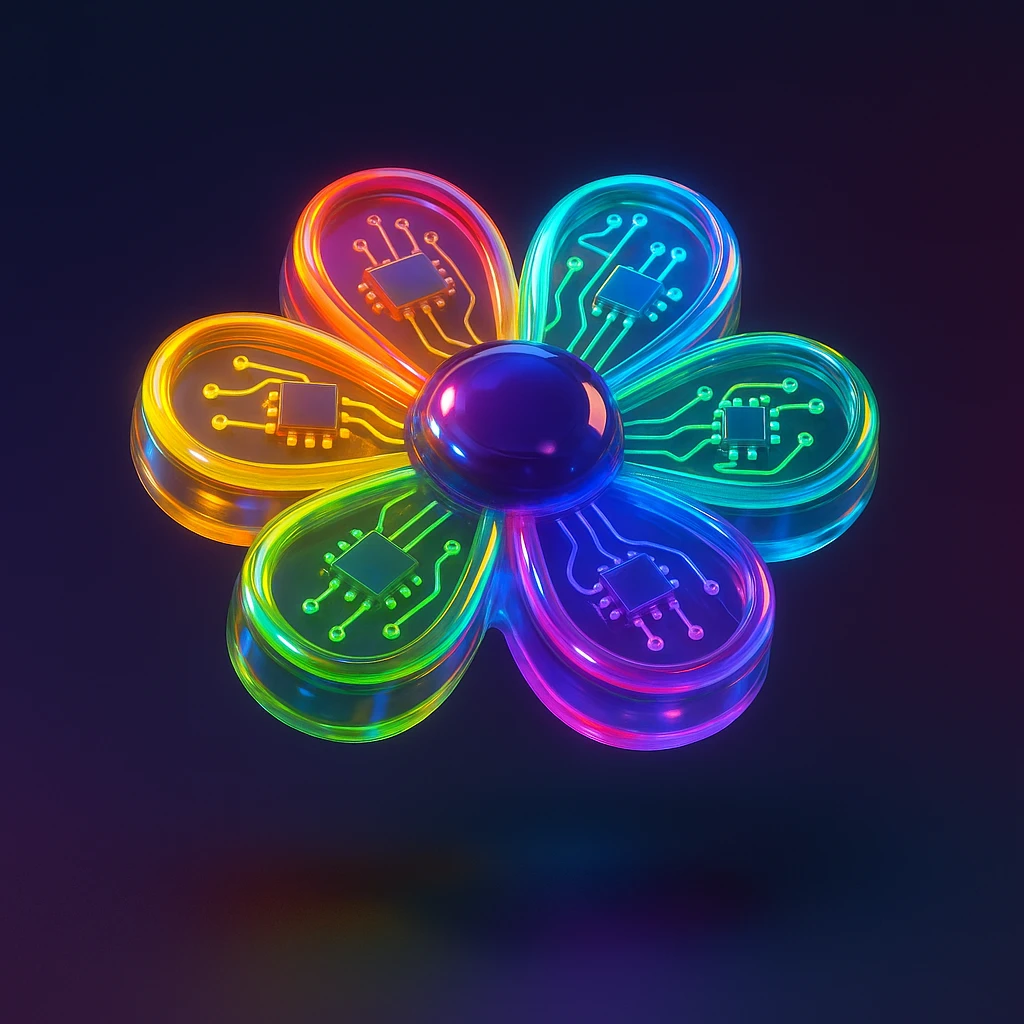 A seven-petal flower with each petal in a different neon color, glowing in the dark, cyberpunk style. emoji