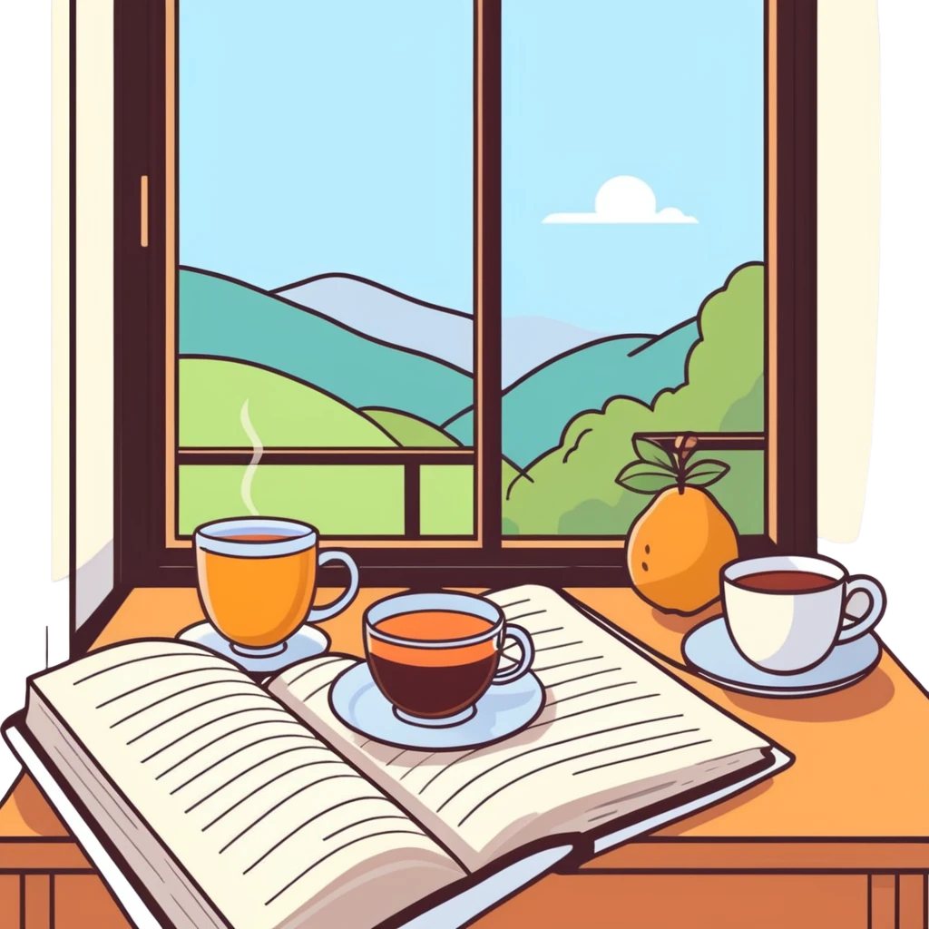 Small self-care objects: cup of tea, journal, fresh fruits, soft blanket, nature window view, gentle sunlight, pastel and warm tones, calm and mindful atmosphere, digital art  emoji