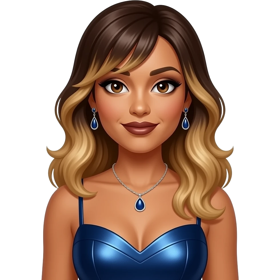 Towanda Braxton from The Braxtons with dark brown eyes, long dark brown bang hair with blonde ombre, black eyeshadow, dark brown lipstick, dark indigo metallic sweetheart dress, necklace and earrings emoji