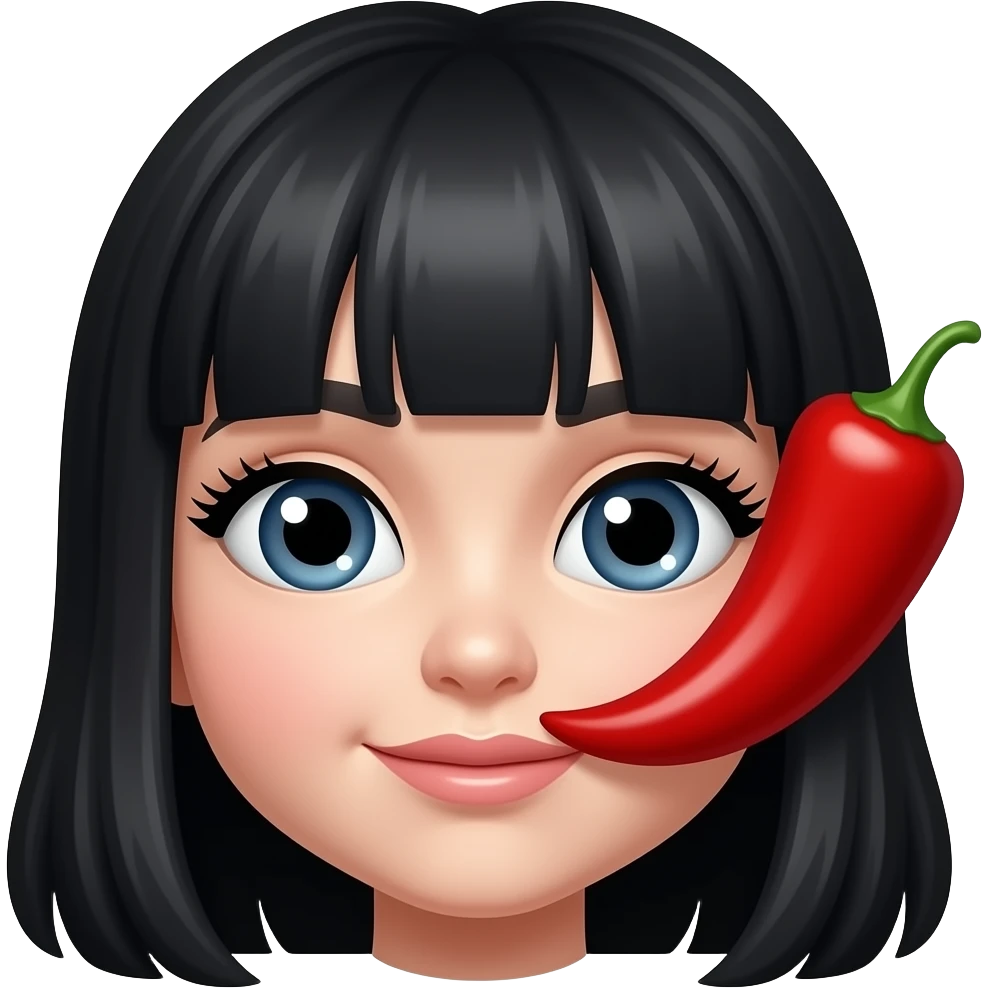 a red chili with girlish eyes, eyelashes and black hair emoji