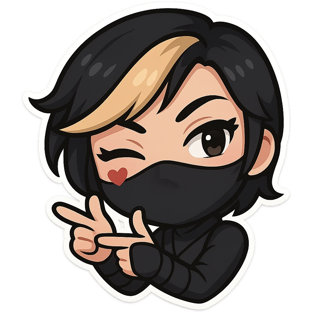 Sexy chibi ninja girl with black short hair and a blonde streak, only head and arms, making a finger gun gesture, bold outlines, no mask, sized for Twitch emoji use, transparent background. emoji