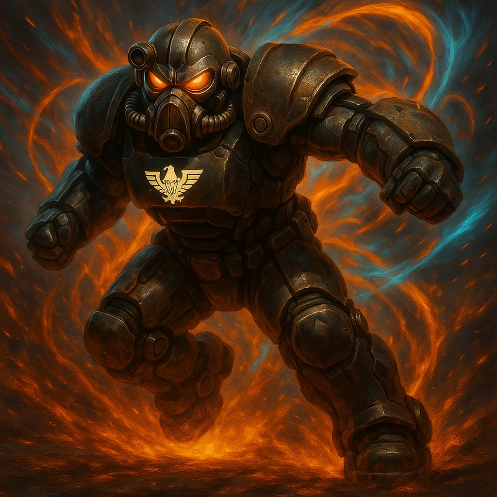 Add the Enclave logo to the chest of the X-01 power armor in a dynamic action pose. Include sparks and energy effects around the armor, ensuring the logo stands out prominently. emoji