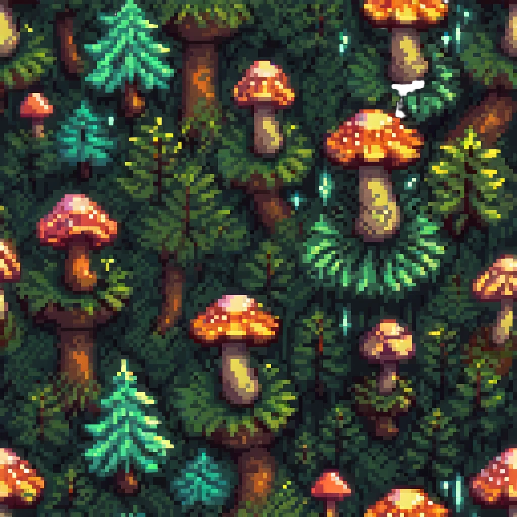 Add a pixel art forest background with sparkles behind the glowing mushroom. emoji