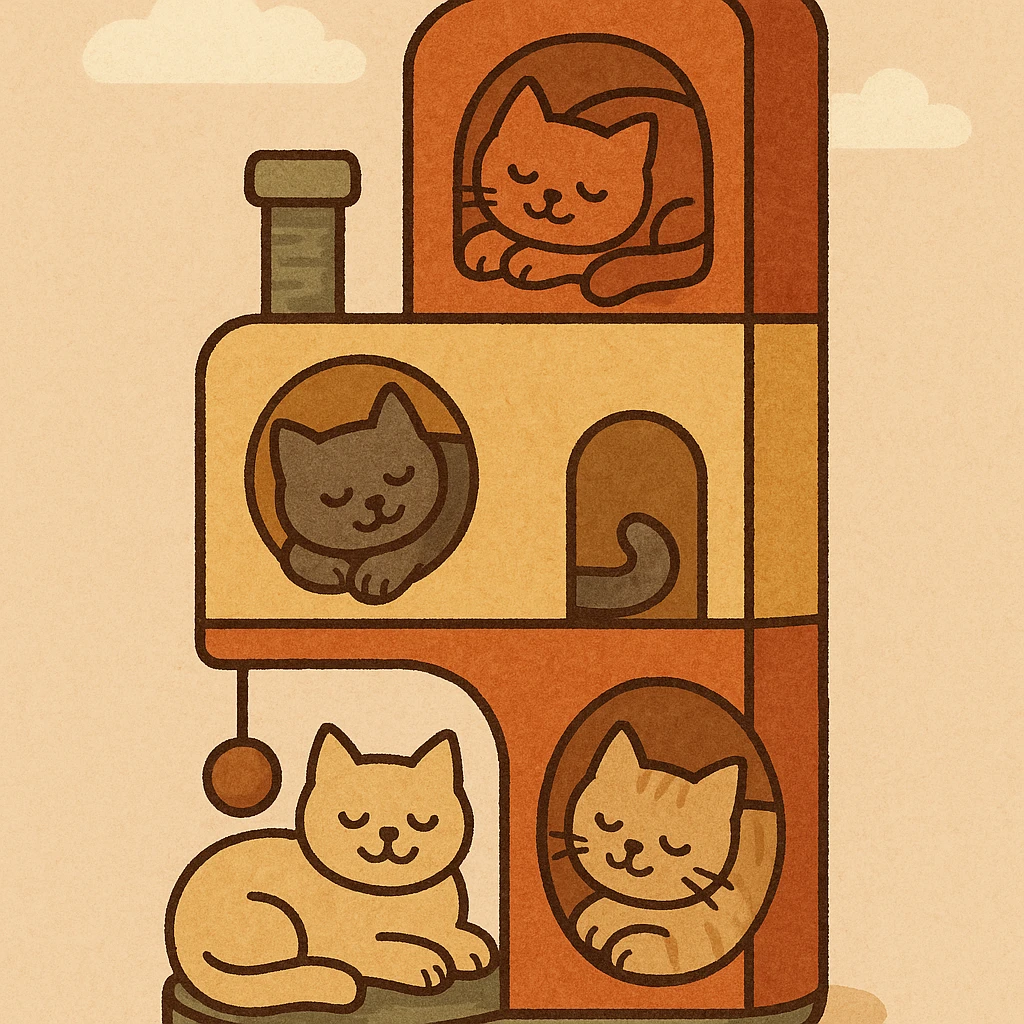 cats relaxing in a vertical playhouse emoji