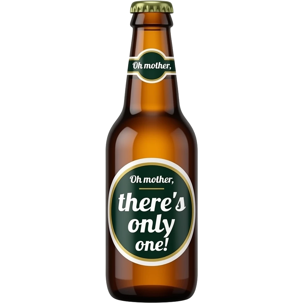 garrafa de cerveja com logo a dizer "Oh mãe, há só uma!" emoji