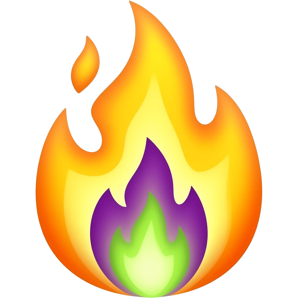 •  The Flame (🔥): “Stylized flame in bright golden yellow with purple core and green embers, passionate mystical fire symbol, flat vector style with radiant glow” emoji