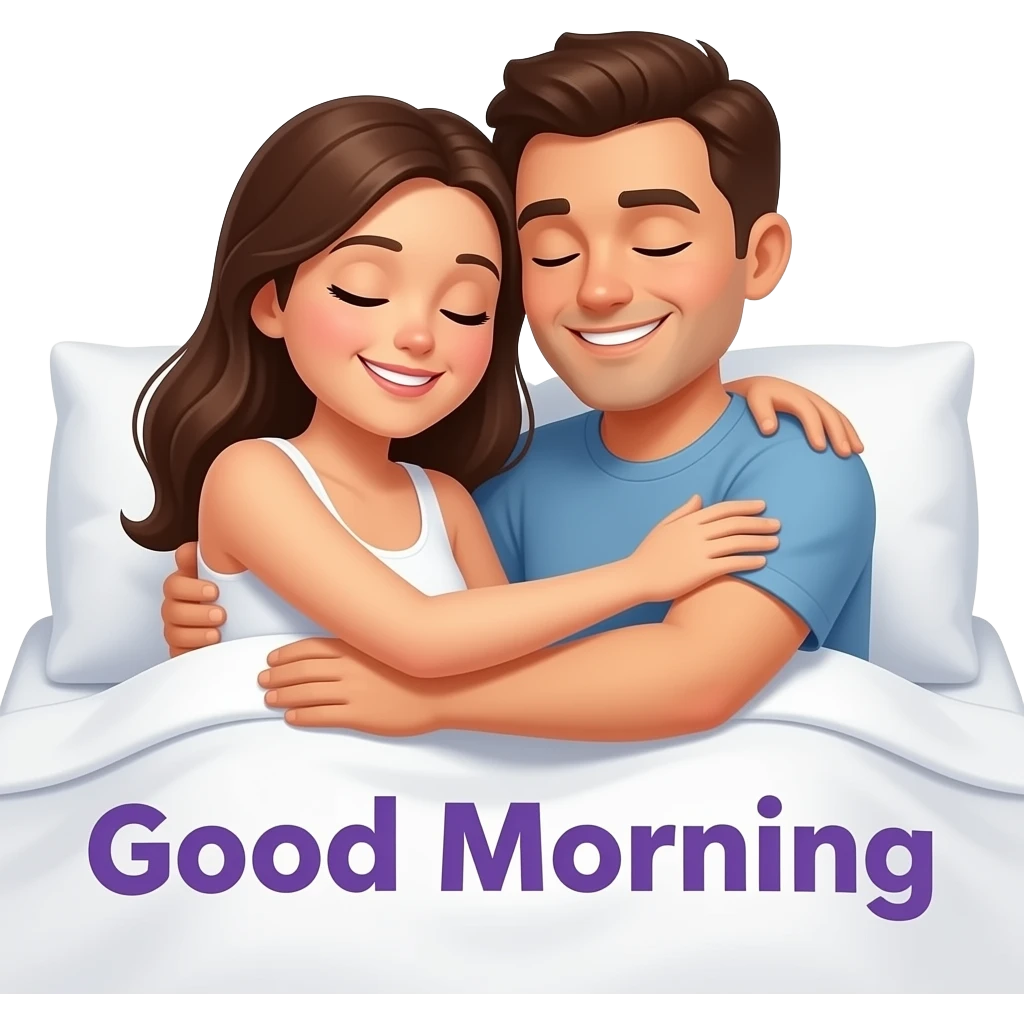 a naked woman and a man sitting up in bed hugging tightly and smiling with eyes closed waking up in bed with the words "Good Morning" in purple printed across emoji