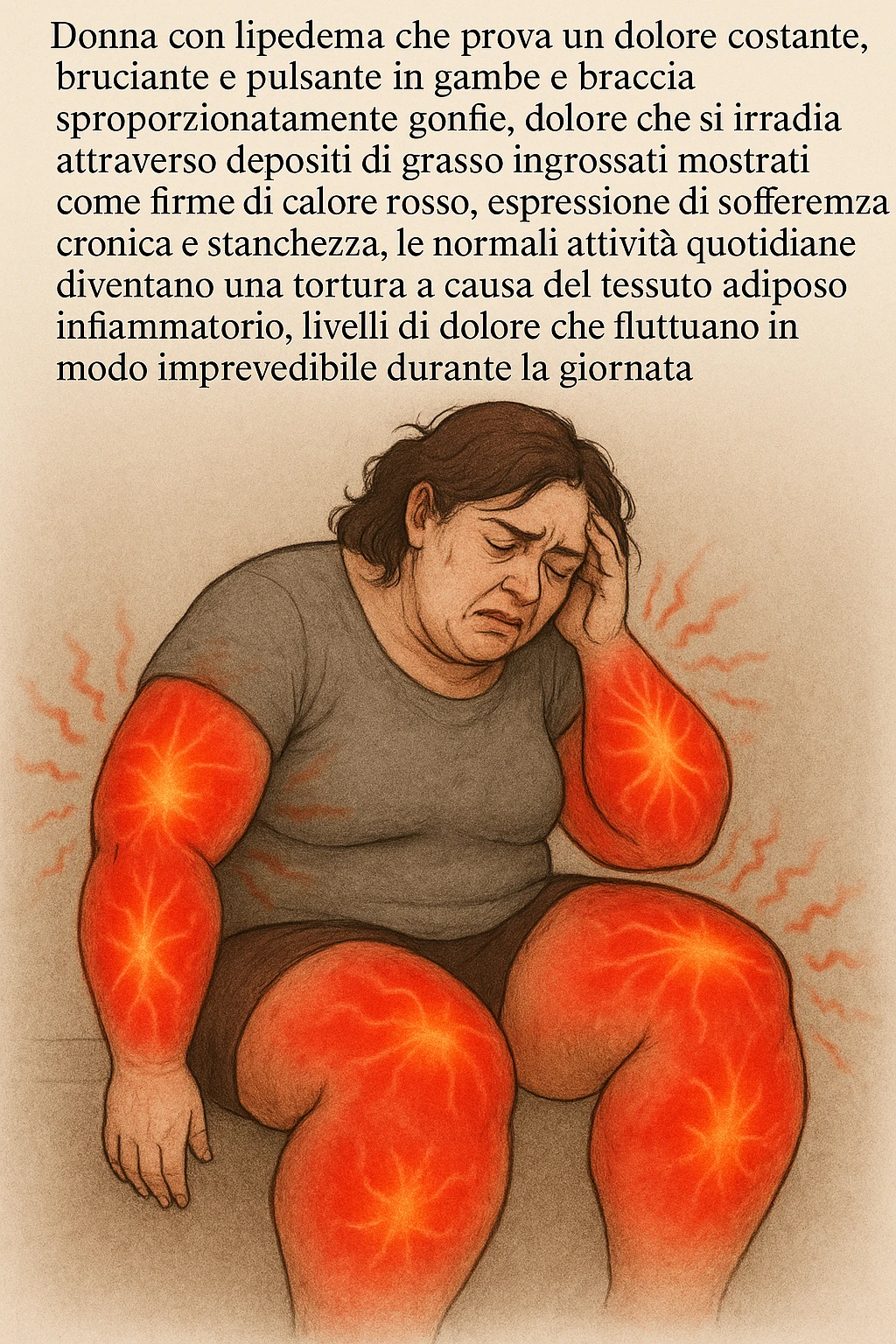 "Woman with lipedema experiencing constant burning and aching pain in disproportionately swollen legs and arms, pain radiating through enlarged fat deposits shown as red heat signatures, expression of chronic suffering and exhaustion, normal daily activities becoming torture due to inflammatory adipose tissue, pain levels fluctuating unpredictably throughout the day" scritte in italiano emoji